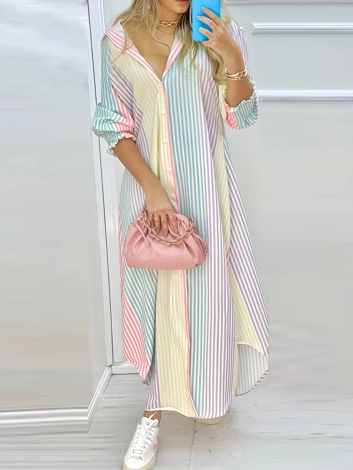 2 Robe chemise rayée à blocs de couleurs, ET STRASS